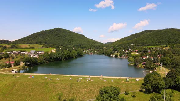 Aerial view of a lake in the village of Bansky Studenec in Slovakia