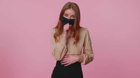 Woman Wearing Medical Mask on Her Face Coughing Suffering From Bronchitis Asthma Allergy Coronavirus