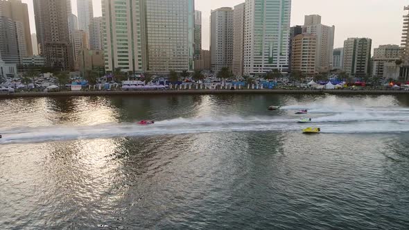 Aerial view of speedboats during the race in Khalid lake in Sharjah.