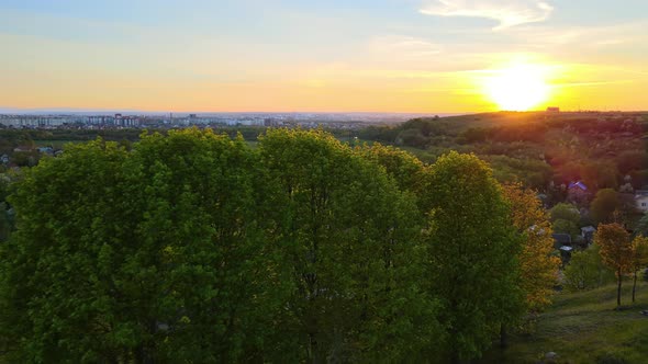 Aerial View of Woodland with Fresh Green Trees and Small Village Homes in Early Spring at Sunset