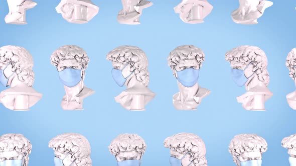 Weird Animated Background With Classic Antique Statues Wearing Medical Masks