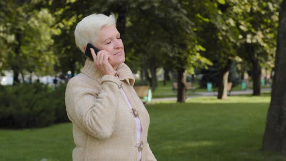 Happy Serene Senior 60s Beautiful Caucasian Woman Grandmother Talking on Modern Cellphone Calm
