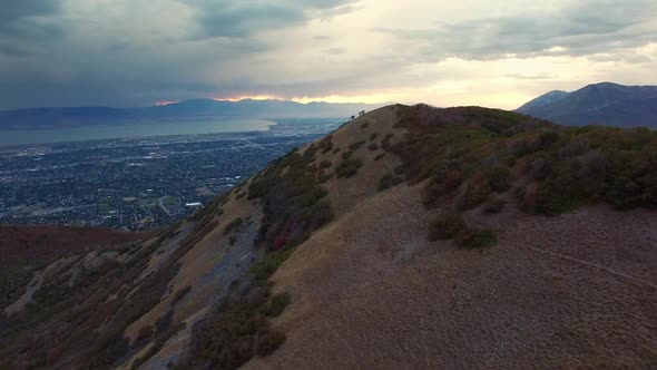 Aerial view on hillside above city during Fall.