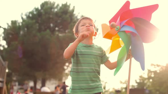 Happy Child Play with Colorful Pinwheel at Sunset Park Outdoor