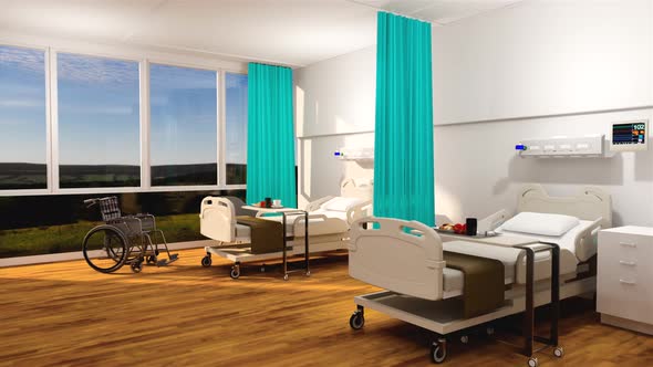 Hospital room with beds .Empty bed  and wheelchair in nursing  a clinic or hospital