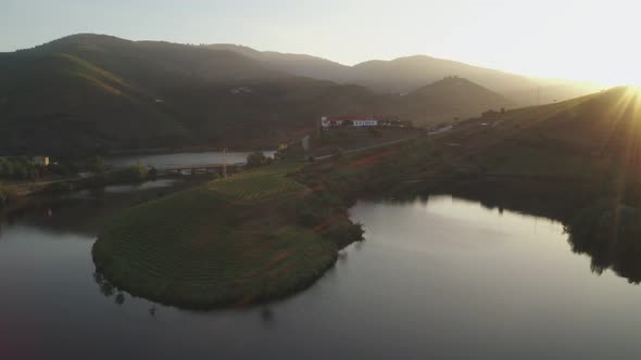 Quinta do Tedo drone view of s shape bend river in Douro wine region, in Portugal