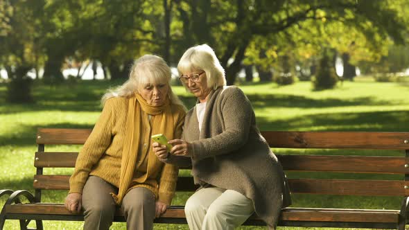 Old Lady Showing News Feed on Mobile Phone to Friend, Sitting on Bench in Park