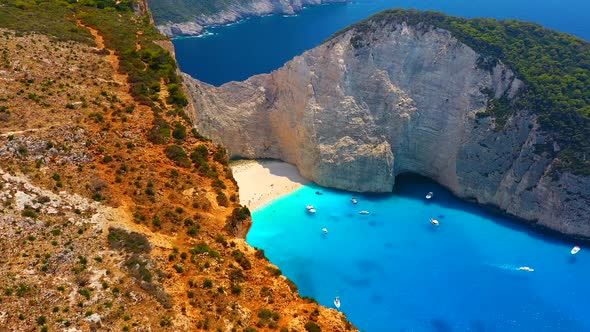 Navagio beach, Zakynthos Island, Greece. Aerial landscape. Rocks and sea from the drone.