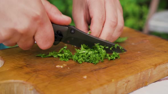 Chef Cuts Fresh Organic Parsley on Wooden Board, Close View