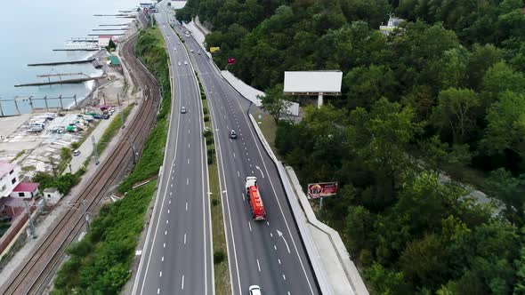 Top view of railway and automobile road