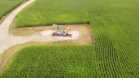 An Oil Pump In A Farmer's Field In Rural Mount Pleasant, Isabella County, Michigan - aerial drone sh