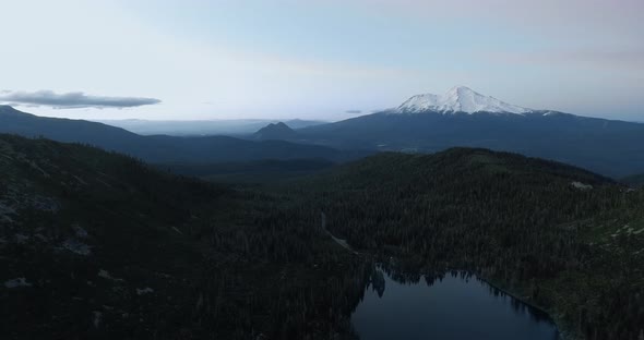 Aerial panoramic shot of Mount Shasta and Castle Lake, Shasta-Trinity Forest