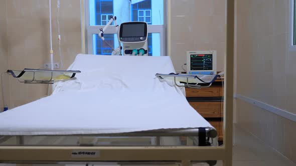 Interior of New Empty Hospital Room for Coronavirus Infected Patients. Quarantine COVID-19 Dangerous