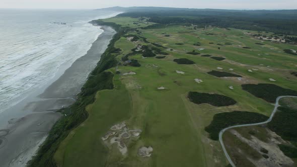 Bandon Dunes famous Golf Resort located on Oregon coast. Aerial drone shot in the evening