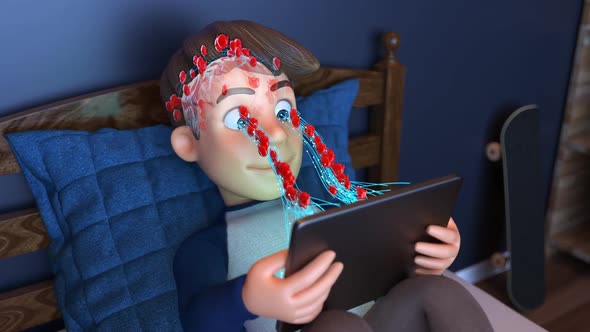 3D cartoon kid being conditioned with mind viruses