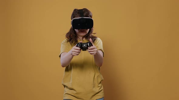 Woman Playing Game Using Vr Goggles and Console Controller Trying to Win Difficult Level