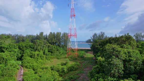 Aerial view high voltage steel power pylons Transmission tower supporting high voltage power line