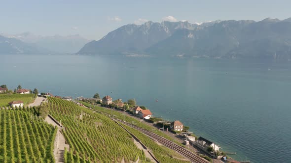 Aerial of road running past lake Geneva, Switzerland