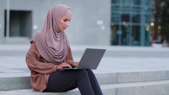 Serious Young Muslim Business Woman in Hijab Freelancer Islamic Arabian Girl Student Female Client