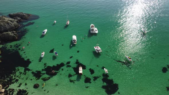 Aerial Panoramic View of Seascape with Crystal Clear Azure Sea and Rocky Shores