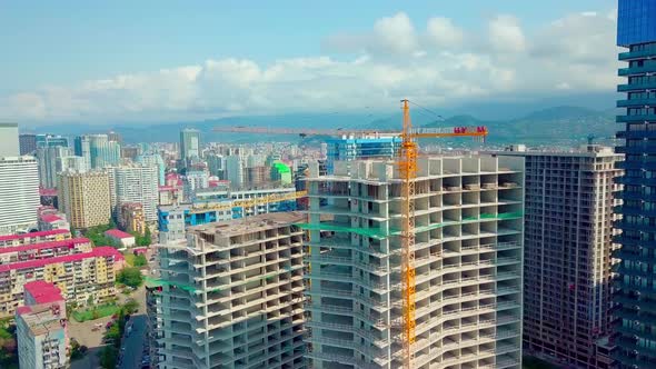 Construction of multi-storey residential building. Aerial photography. Batumi,