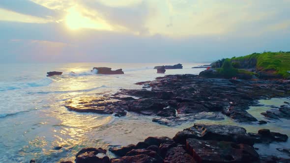 Flying At Sunset From The Shore To The Ocean