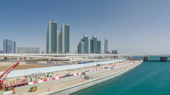 Modern Buildings in Abu Dhabi Skyline Timelapse Hyperlapse with Waterfront