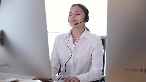 Call Center. Woman Operator In Headset On Hotline Support