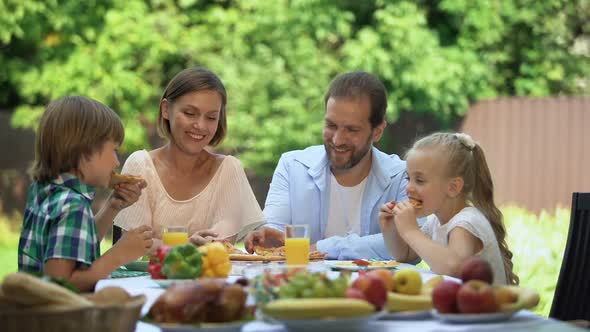 Enjoying Taste Fresh Baked Pizza, Family Dining Together, Food Delivery Service