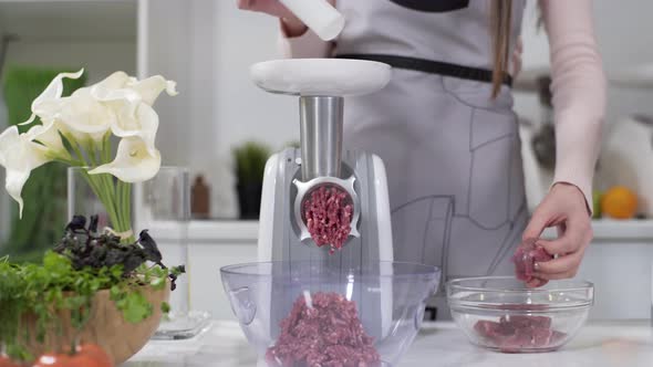 Making Minced Meat in an Electric Meat Grinder From Fresh Beef at Home. Pile of Chopped Meat