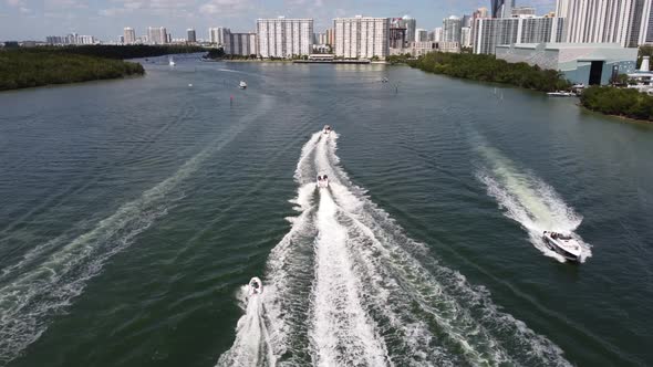 Speeding Boat Wake In The Water Shot With Aerial Drone