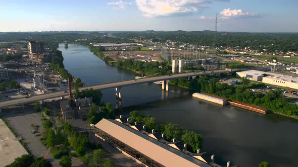 Aerial view towards the Jefferson street bridge on the Cumberland river, in sunny Nashville, USA