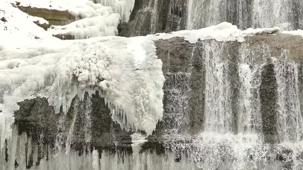 Glacier melting half frozen cascade water flowing. Global warming concept