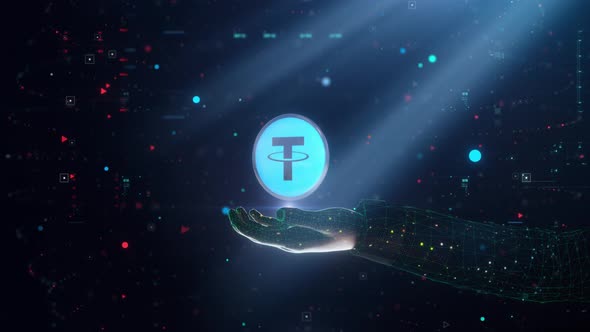 Digital Tech Hand Presentation Cryptocurrency Tether Coin Icon