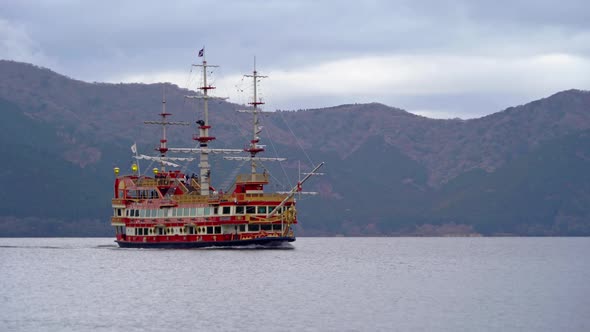 Hakone pirate ship or boat, Hakone Jinja Heiwa no Torii with lake