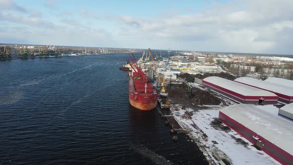 Cargo ship in winter port