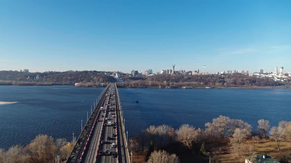 The Patona Bridge Car Traffic at the Autumn Time Aerial View