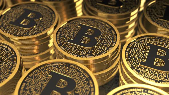 3D rendering of a gold coin Bitcoin, blockchain technology for cryptocurrency.