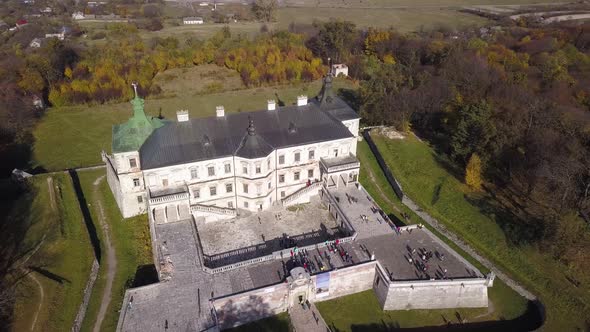 Aerial view of the Pidhirtsi Castle, located in the village of Pidhirtsi in Lviv Oblast, Ukraine