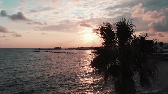 Aerial view of palm tree and Paphos tourist area at sunset with sun road, sea waves and old castle