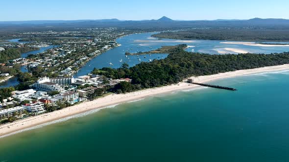 Wide aerial shot of Noosa main Beach, Noosa Heads, Queensland, Australia