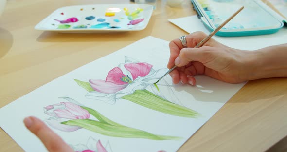 The Artist Paints Flowers. Watercolor Drawing. Hand Drawing with a Brush. Female Hand with a Brush