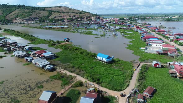 Farming and fishing village near Siem Reap in Cambodia seen from the sky