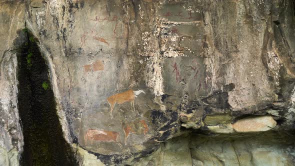 Ancient San cave paintings in a cave in the Drakensberg mountains in South Africa.