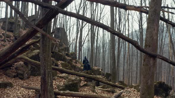 Concentrated Man with a Japanese Sword, a Katana Practicing Iaido in a Pine Forest. Wide Angle. Back