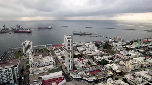 drone shot of the port of veracruz at sunrise