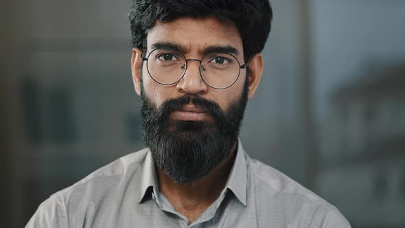 Young Guy Hispanic Handsome Bearded Man Smiling Looking at Camera Male Portrait Brunette Indian