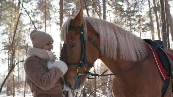 Joyous Woman Caressing Horse in Park on Winter Day