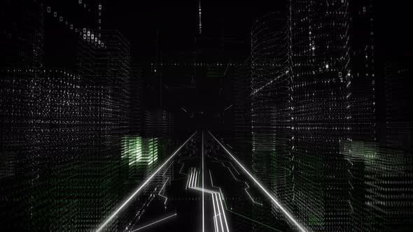 Futuristic virtual world. Dark and green space. Appearance of the word Web 3D