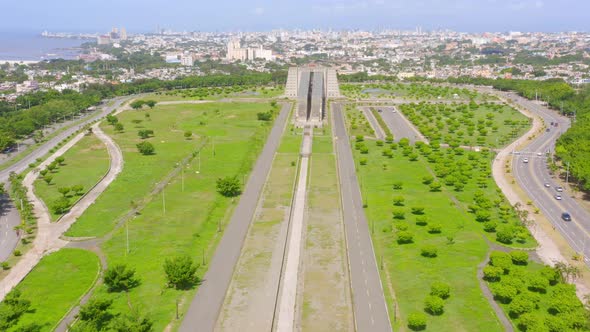 Monument of Christopher Columbus, Faro Colon in Santo Domingo, Dominican Republic. Aerial backward